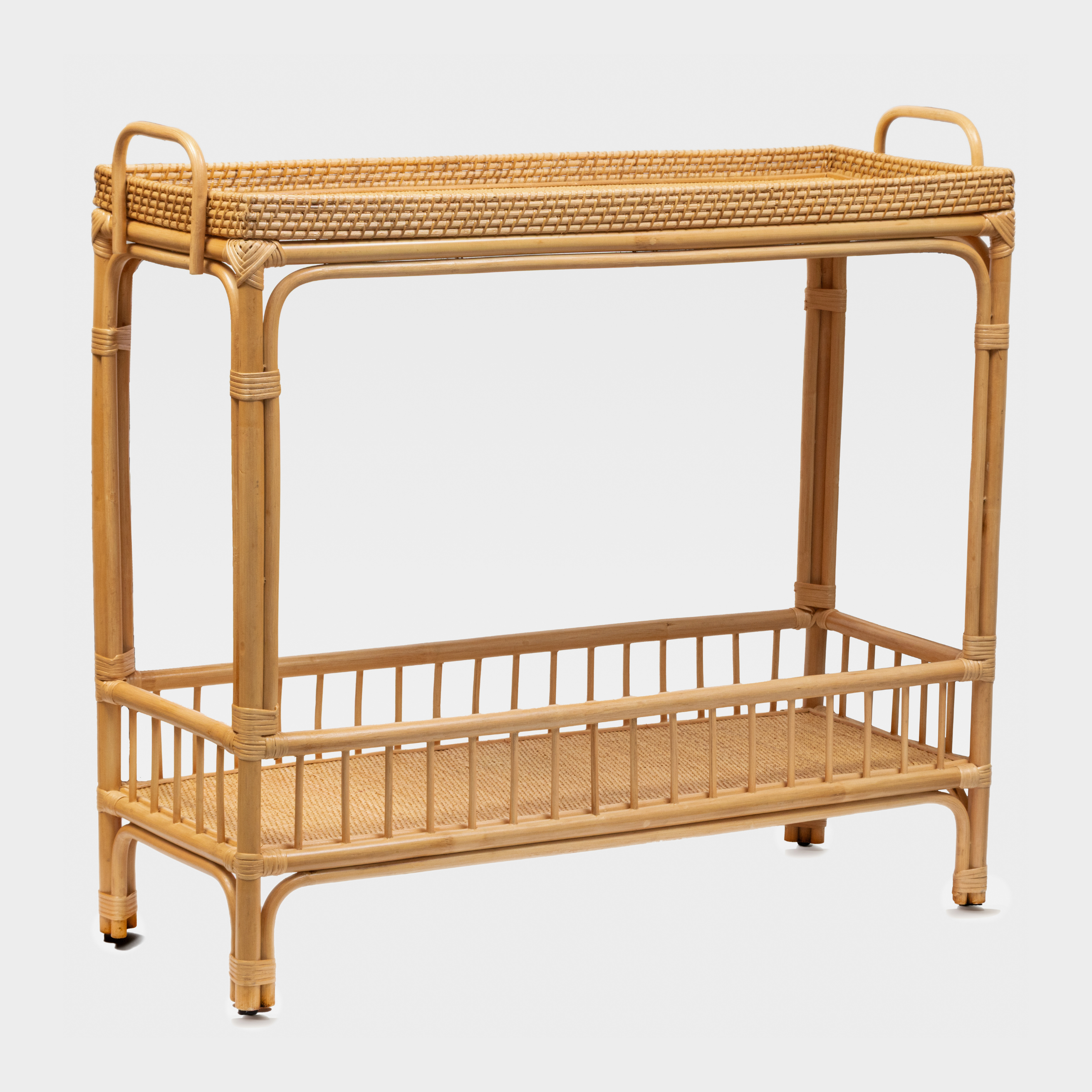 Natural iki katlı rattan konsol, açılı ürün görseli