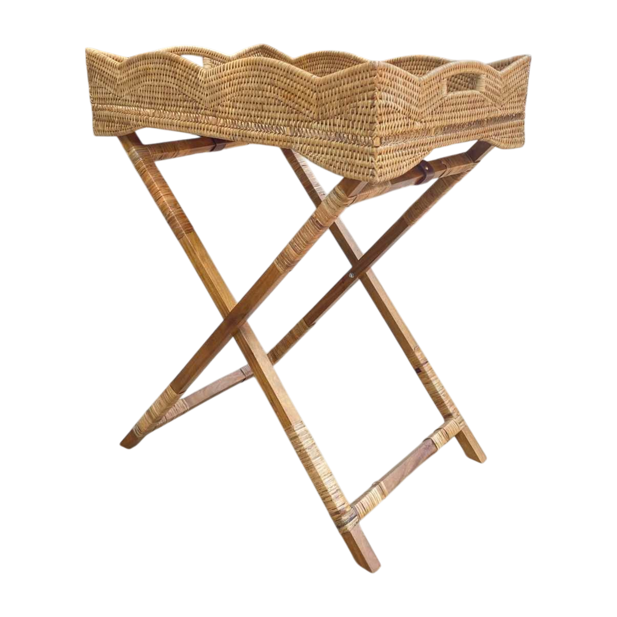 Natural renk dalgalı kenar rattan butler tepsi sehpa