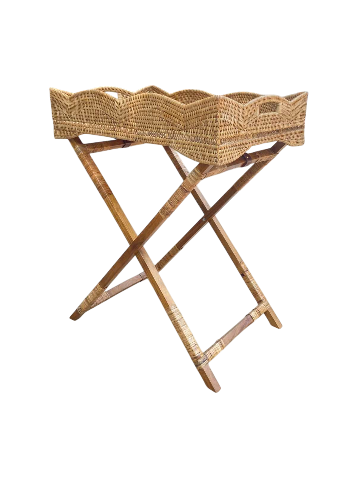 Natural renk dalgalı kenar rattan butler tepsi sehpa
