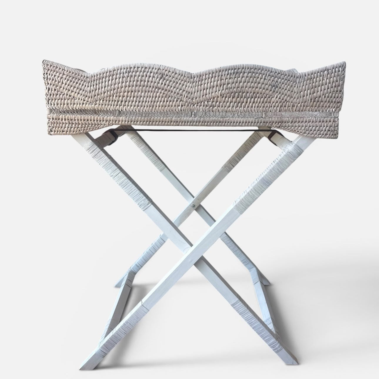 Rustic white wash dalgalı kenar rattan butler tepsi sehpa, on