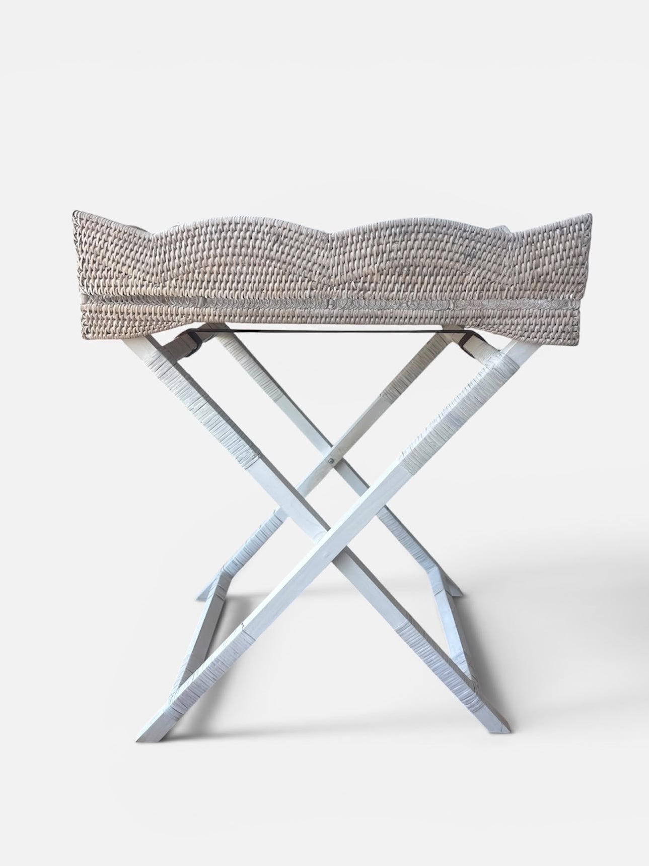 Rustic white wash dalgalı kenar rattan butler tepsi sehpa, on