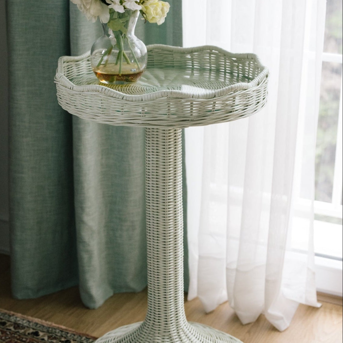 Scalloped Rattan Pedestal Side Table