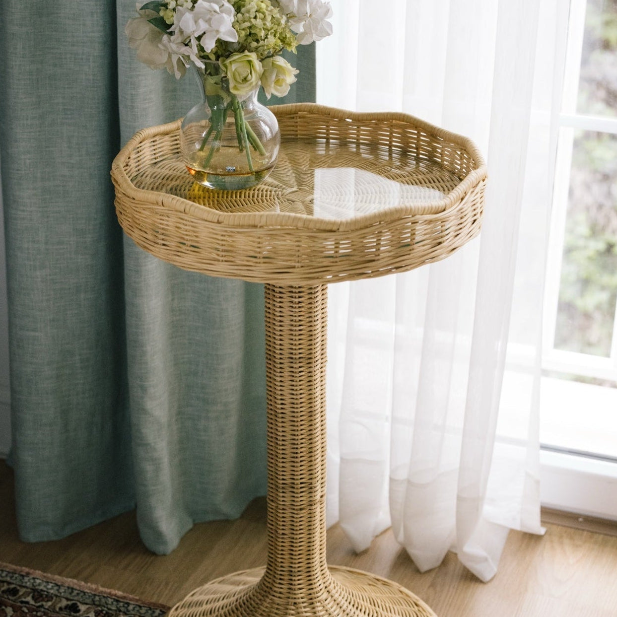 Scalloped Rattan Pedestal Side Table