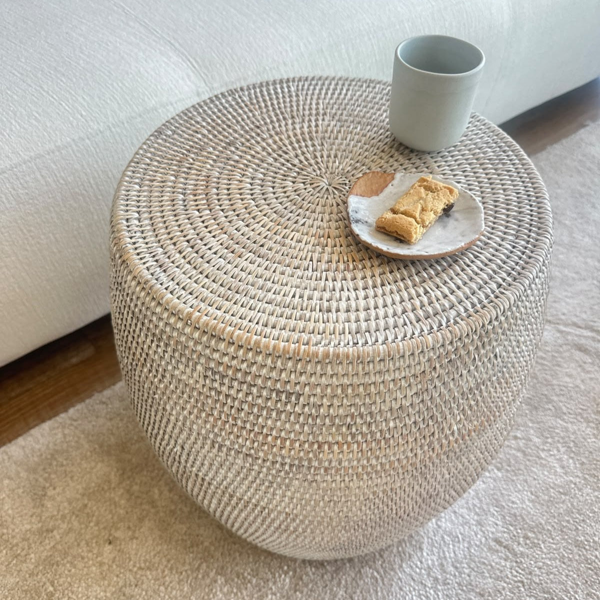 Natural Rattan Drum-Shaped Side Table
