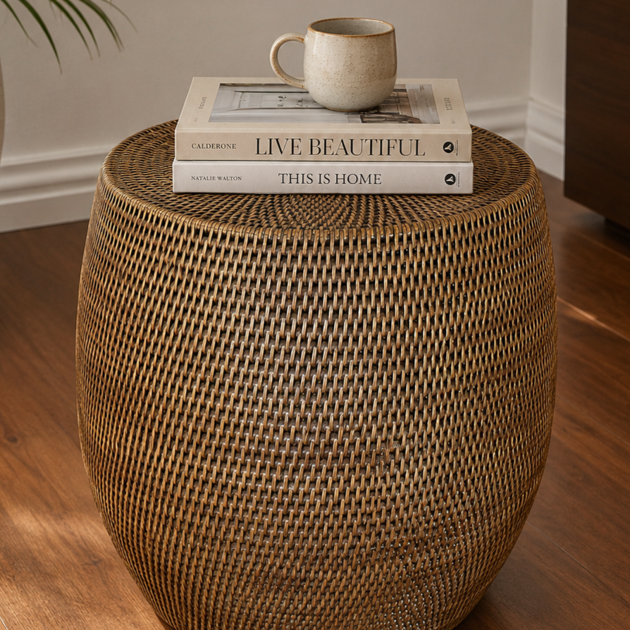 Natural Rattan Drum-Shaped Side Table