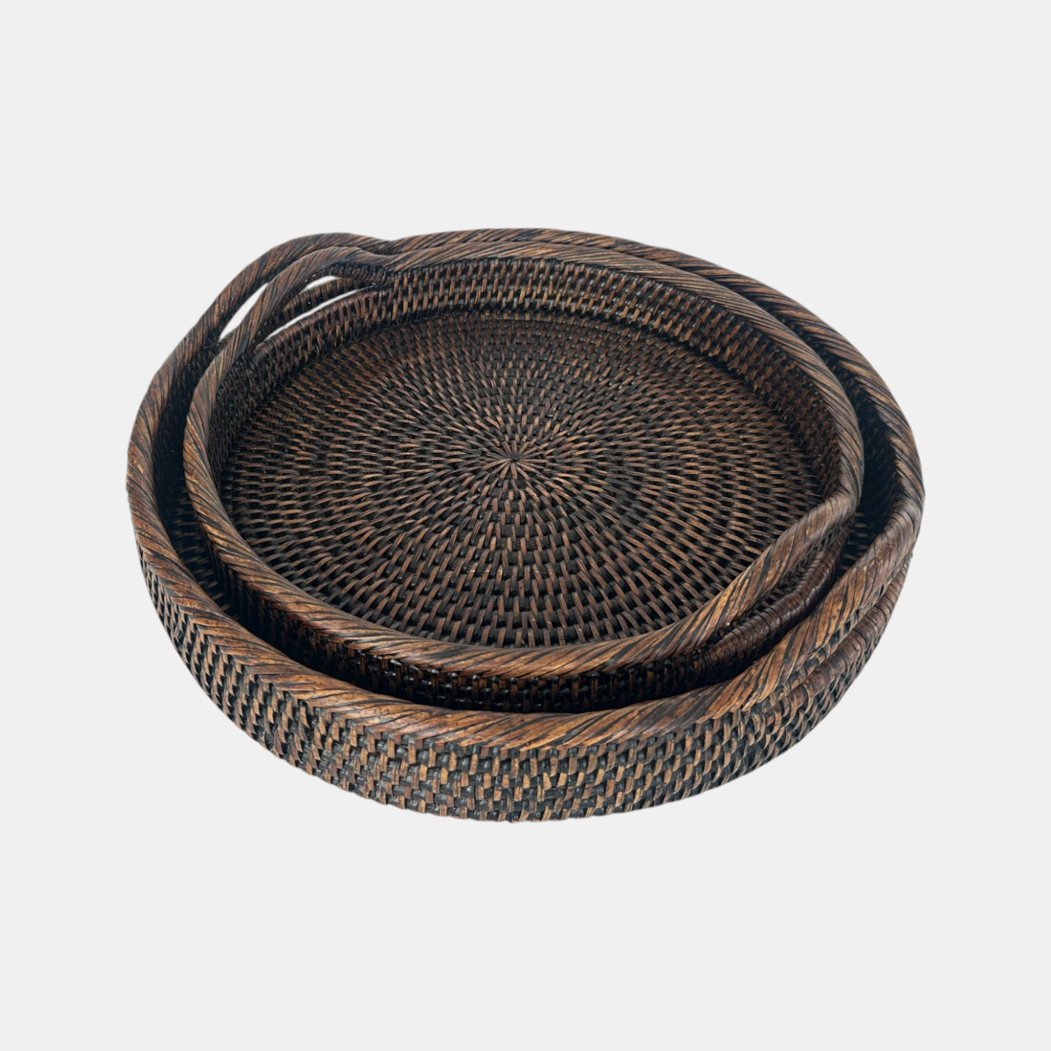 Kulplu Yuvarlak Rattan Tepsi