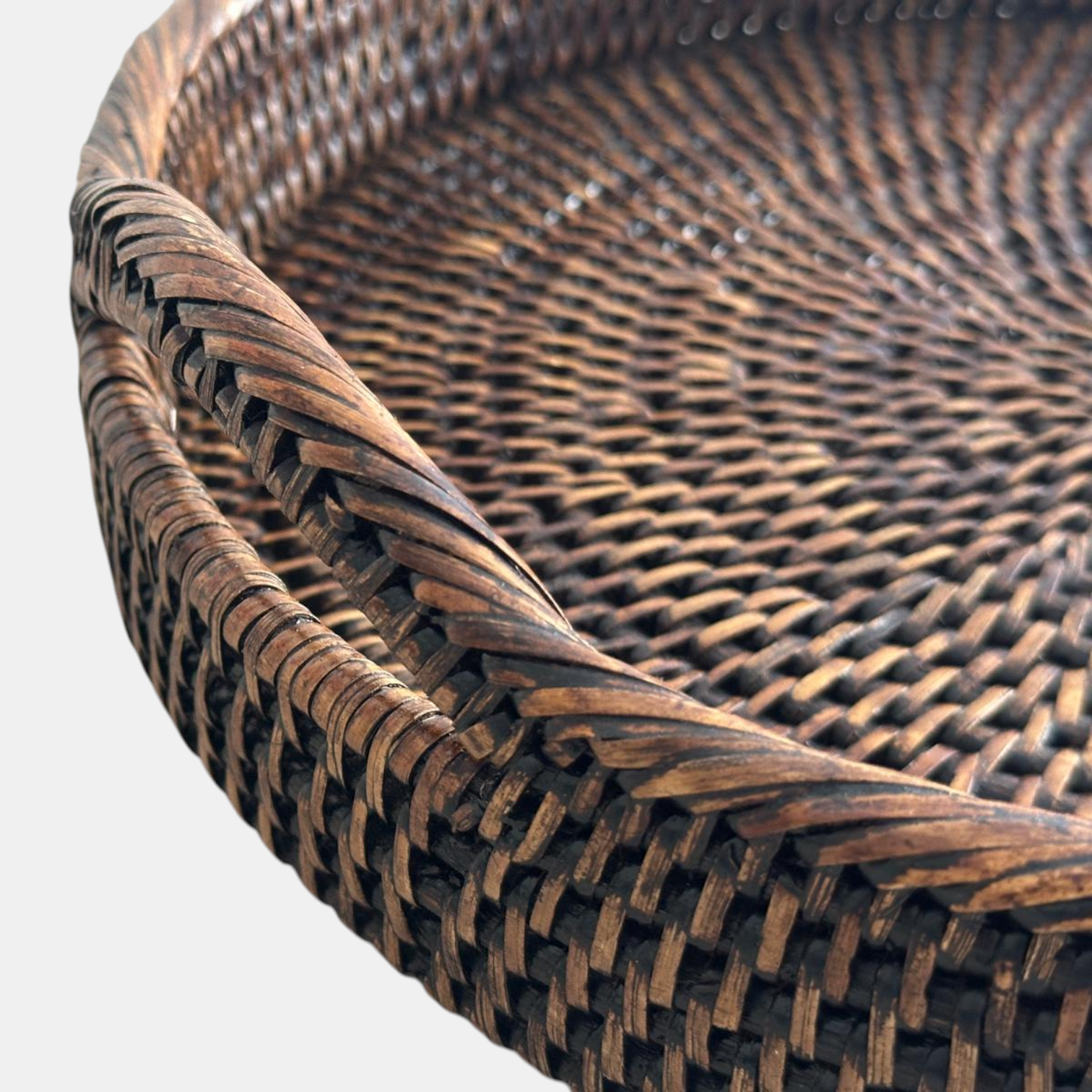 Kulplu Yuvarlak Rattan Tepsi